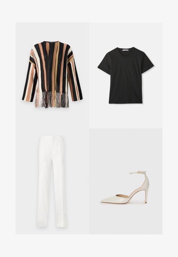 Pull en tricot avec des rayures multicolores en noir, pêche, crème et or. Possède des détails à franges à l'ourlet et un col rond.; T-shirt en coton noir à manches courtes et col ras du cou, posé à plat sur un fond blanc avec une étiquette de marque visible à l'intérieur du col.; Pantalon blanc à jambe droite en tissu léger. Doté d'un devant plat, de passants de ceinture et sans motifs ni décorations visibles.; Chaussure à talon haut en cuir blanc avec un bout pointu, une bride de cheville et un talon aiguille fin. Texture lisse avec une finition légèrement brillante.