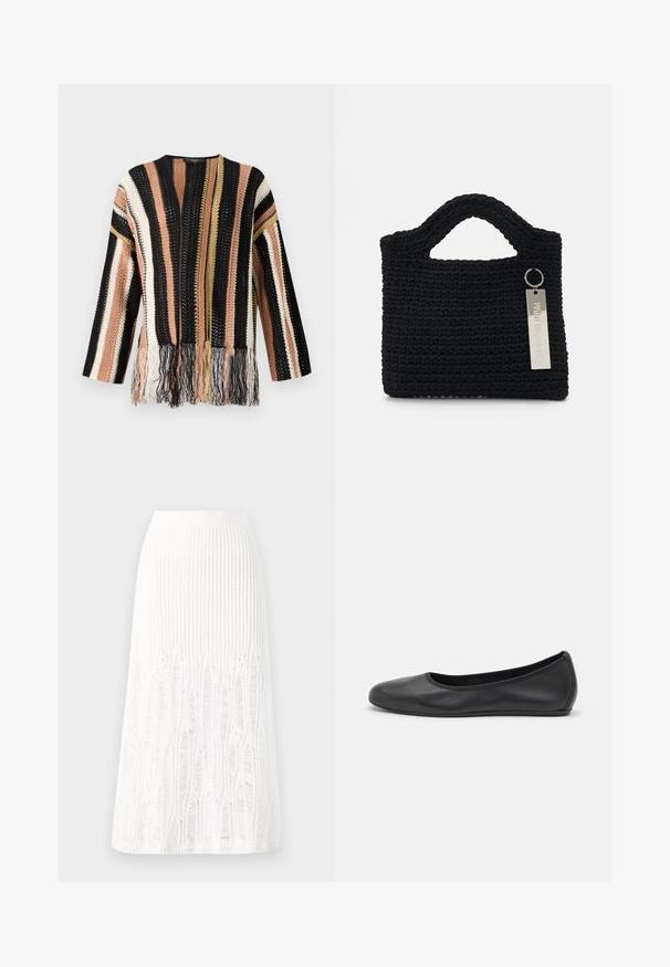Strickpullover mit mehrfarbigen Streifen in Schwarz, Pfirsich, Creme und Gold. Mit Fransen am Saum und einem runden Ausschnitt.; Weißes kurzärmliges T-Shirt aus geripptem Stoff. Runder Halsausschnitt, normale Passform und dezente Nähte. Keine Muster oder Grafiken.; Gestreifte weiße Midi-Rock aus Strick mit einem strukturierten Muster und Ausschnitten am Saum. Elastischer Bund. Weiches Material.; Schwarze Leder-Ballettschuhe mit abgerundeter Spitze, glatter Textur, minimalen Nähdetails und einem flexiblen Sohlen-Design.; Won Hundred MARSIELLE COMPUTER BAG UNISEX - Notebooktasche - black