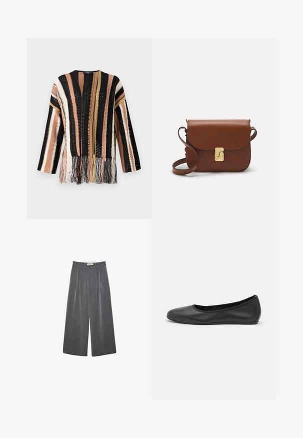 Stickad tröja med flerfärgade ränder i svart, persika, kräm och guld. Har fransdetaljer vid nederkanten och en rund halsringning.; Vit kortärmad t-shirt i ribbat tyg. Rund halsringning, normal passform och diskreta sömdetaljer. Inga mönster eller tryck.; Fållade vida byxor i en mörkgrå tyg med en subtil textur. Har en knappstängning och en klassisk midje-design.; Svart läderballerinaskor med rund tå, slät yta, minimala söm detaljer och en flexibel sula.; Brun läderhandväska med klaffstängning, guldfärgad hårdvara, axelrem och en slät yta. Kompakt rektangulär form.