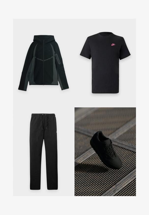 C sweat à capuz preto e cinza escuro com fecho éclair à frente, grande capuz e bolso lateral com fecho éclair. Apresenta um design estruturado e painéis contrastantes.; T-shirt de algodão preto com decote redondo e mangas curtas. Apresenta um logótipo da Nike rosa no lado superior esquerdo. Textura suave.; Calças de fato de treino pretas feitas de polar, com uma cintura elástica e cordões, dois bolsos frontais e um pequeno logótipo na coxa.; Sneaker preto com uma textura suave, biqueira redonda, atacadores à frente e uma marcação sutil. Exibido contra um fundo industrial texturizado.