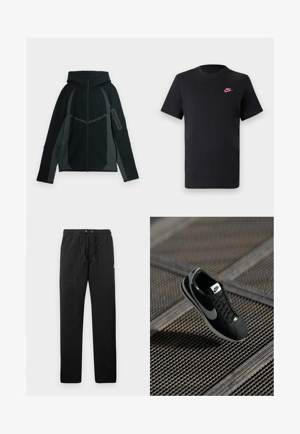 Melns un tumši pelēks džemperis ar rāvējslēdzēju priekšpusē, lielu kapuci un sānu rāvējslēdzēju kabatu. Iezīmē strukturētu dizainu un kontrastējošas paneļu iestrādes.; Melnas kokvilnas T-krekls ar apaļu kaklu un īsām piedurknēm. Uz augšējās kreisās puses ir rozā Nike logo. Gluda tekstūra.; Melnas sporta bikses, izgatavotas no flīsa, ar elastīgu jostasviedi un auklām, diviem priekšējiem kabatām un nelielu logo uz augšstilba.; Melna Nike sporta kurpe ar pelēkiem akcentiem, zamšādas un sieta materiāliem, teksturētu zoli, šauru formu un klasisku auklu aizdari.