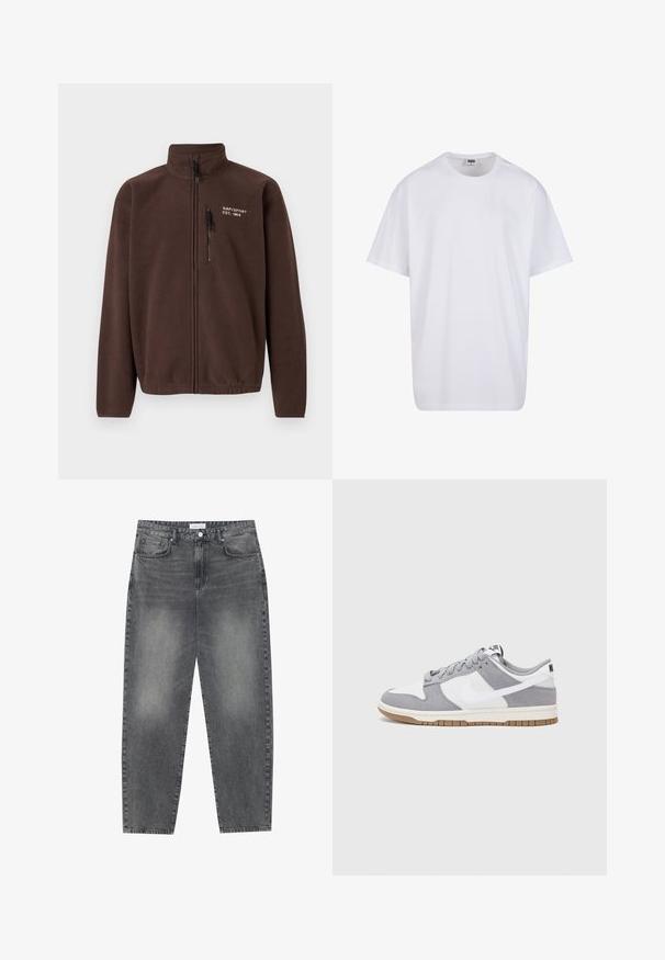 Ruda flisinė striukė su aukštu apykakle, priekiniais užtrauktukais ir šoniniu užtrauktuko kišeniu. Savybės: siuvinėtas logotipas ant krūtinės ir tekstūruota medžiaga.; Balta medvilninė marškinėlių užsagėlė su trumpomis rankovėmis, apvaliu kaklu, laisva forma ir be matomų logotipų ar raštų. Lygi tekstūra ir minimalus dizainas.; Aukštai juosmeniu, laisvai krentančios džinsai iš blukusių juodų džinsų. Savybės: penki kišenės, diržo kilpos ir švari, tiesi kojų dizainas.; Pilka ir balta sportinė avalynė su zomšiniu ir odiniu viršumi, suapvalintu pirštu, plokščiomis raištelėmis ir guminėmis padais su guminiu akcentu.