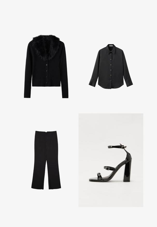 Čierny rebrovaný kardigán s dlhými rukávmi, s umelými kožušinovými klopami a šiestimi gombíkmi po celej dĺžke. Mäkká textúra.; Čierna dlhá rukávová košeľa z hladkého materiálu, s klasickým golierom, predným zapínaním na gombíky so zlatými gombíkmi a širokými manžetami.; Čierne nohavice so strihom rovného strihu, s prednými vreckami a bočnými rozparkami na leme. Vyrobené z mäkkej, hladkej tkaniny. Vhodné na rôzne príležitosti.; Čierne lakované sandále na podpätku so štvorcovou špičkou, navlečenými remienkami okolo členku a striebornými prackami. Disponujú masívnym blokovým podpätkom pre stabilitu.
