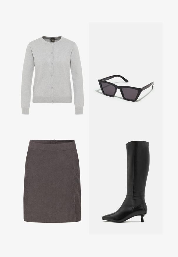 Ljusgrå cardigan i stickat tyg, med rund halsringning, långa ärmar och en knäppning framtill med fem knappar.; Två långärmade polotröjor, en vit och en svart, tillverkade av ett mjukt, elastiskt material, båda med en slim-fit design och höga kragar.; Kaffe VERA - A-linjekjol - major brown c; Zign Stövel - black; Svarta, vinklade solglasögon med grå linser; tillverkade av plast, med tjocka skalmar med en slät yta och utan synlig hårdvara.