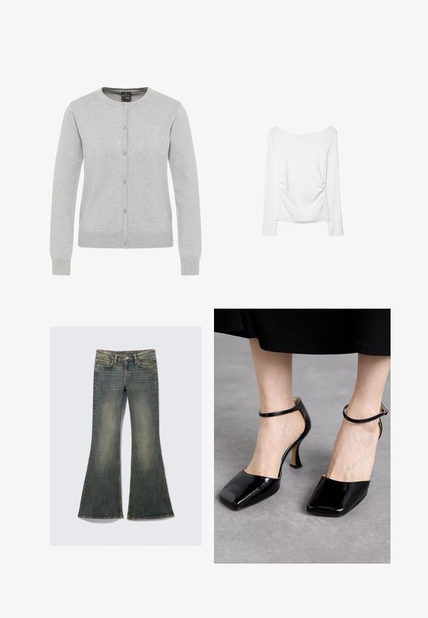 Lichtgrijze cardigan van gebreide stof, met een ronde halslijn, lange mouwen en een knoopsluiting met vijf knopen.; Witte top met lange mouwen, voorzien van een wijde halslijn en geplooid detail aan de achterkant. Glad textuur, aansluitend ontwerp.; Uitlopende denim jeans in een vervaagde blauw tint met een klassiek vijf-pocket ontwerp, featuring een lichte textuur en zichtbare stikaccenten.; Souliers Martinez LAURA - Hoge hakken - lajara cybil black