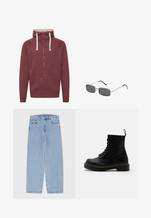 Bordeauxfarbene Kapuzenjacke mit einer cremefarbenen Innenseite. Verfügt über eine Kordelzugkapuze, Fronttaschen, gerippte Bündchen und ein Leder-Logopatch. Weicher Stoff.; Schwarzes Tanktop aus geripptem Stoff, mit rundem Halsausschnitt und ohne Ärmel, geradem Saum und minimalistischem Design.; Hellblaue Jeans aus Denim mit geradem Bein, ausgestattet mit einer mittelhohen Taille, fünf Taschen sowie einem Knopf- und Reißverschluss.; Schwarze Leder-Ankle-Boots mit schnürbarem Vorderteil, gelben Nähten, runder Zehenpartie und dicker, strukturierter Gummisohle.; Rechteckige Sonnenbrille mit dunkelgrauen Gläsern, dünnem silbernen Metallrahmen und schwarz gummierten Bügelspitzen. Minimalistisches Design.