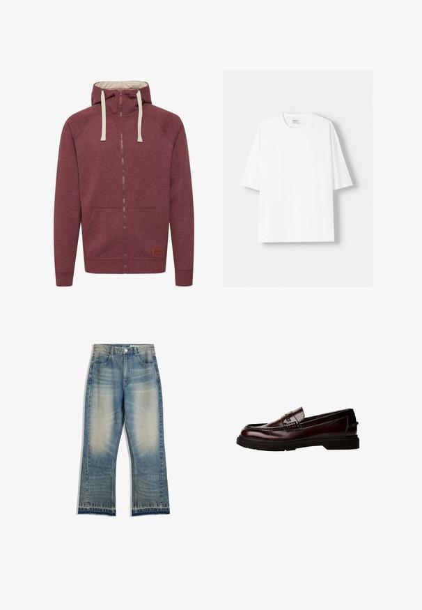 Bordeaux zip-up hættejakke med en cremefarvet inderside. Har snøre i hætten, forlommer, ribbede manchetter og en læderlogo-patch. Blød stoftekstur.; Hvid kortærmet T-shirt lavet af bomuld, med rund halsudskæring og en afslappet pasform. Glat tekstur, uden synlige mønstre eller detaljer.; Lyseblå denim jeans med en let falmet finish, lige ben, fem lommer og rå kantdetaljer. Ingen synlige hardware-accenter.; Brune læder loafers med en rund tå, detaljeret syning og en gummisål. Har et dekorativt rem og en glat tekstur.