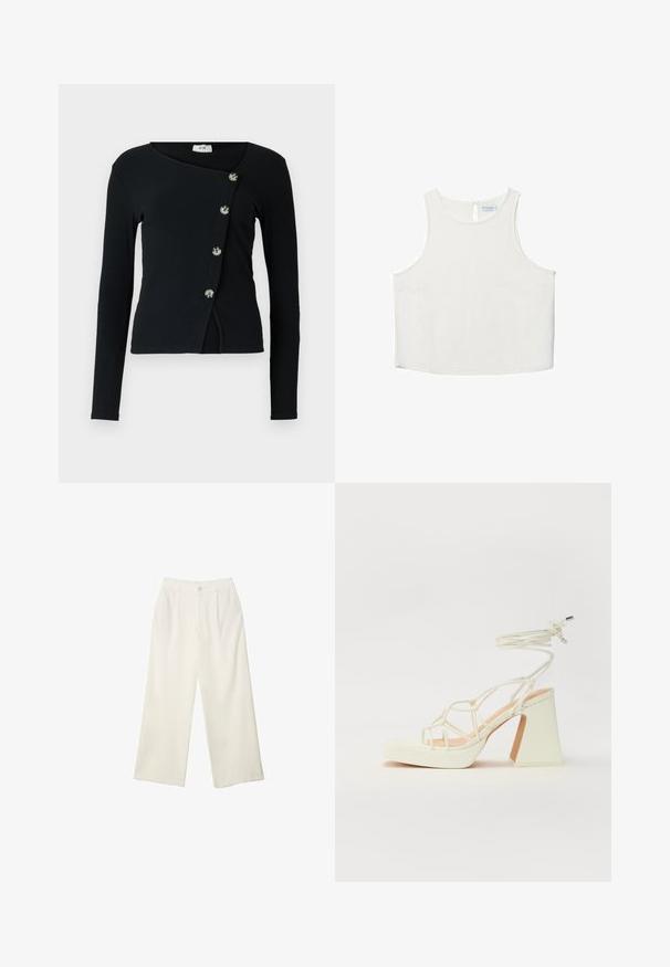 Sort langærmet top med ribbet tekstur og asymmetrisk design. Har knapper langs forsiden til lukning og en tætsiddende silhuet.; Hvid ærmeløs top med rund halsudskæring, der har en subtil tekstur, nøglehulsbagdetalje og lige kant.; Bredde bukser i cremefarvet stof med en glat tekstur, der har en enkelt knap foran, diskrete folder og design med høj talje.; Hvide højhælede sandaler med en kraftig hæl, der har et stropdesign og ankelbinding. Glat tekstur med en platform foran for ekstra højde.