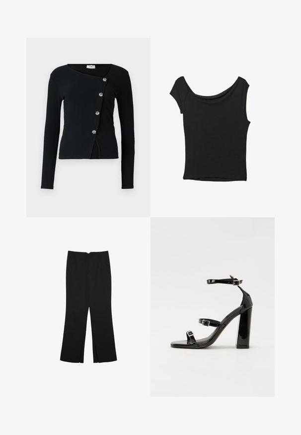 Schwarzes Langarmshirt mit gerippter Textur und asymmetrischem Design. Verfügt über Knöpfe an der Vorderseite zur Schließung und hat eine figurbetonte Silhouette.; Schwarzes Kurzarmoberteil aus glattem Stoff; hat einen drapierten Ausschnitt und einen asymmetrischen Saum, mit einem figurbetonten Körper.; Schwarze Hose mit geradem Schnitt, ausgestattet mit Fronttaschen und Seitenschlitzen am Saum. Hergestellt aus weichem, glattem Stoff. Geeignet für verschiedene Anlässe.; Schwarze patentierte Sandalen mit Absatz, quadratischer Spitze, Knöchelriemen und silbernen Schnallen. Mit einem stabilen Blockabsatz für mehr Stabilität.