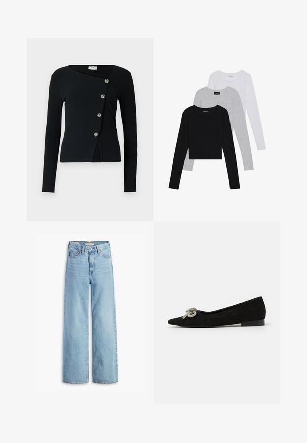 Svart langermet topp med ribbestruktur og asymmetrisk design. Har knapper foran for lukking og en tettsittende silhuett.; Tre lange ermer t-skjorter stablet: svart, grå og hvit. Hver har en rund hals og et kort design med glatt, lett stoff.; Høyt liv, lyseblå vide jeans med frontknapp og glidelås, beltehemper og fem lommer.; Sorte flate sko i semsket skinn med spiss tå, dekorert med en dekorativ sølvsløyfe på framsiden, med lav hæl.