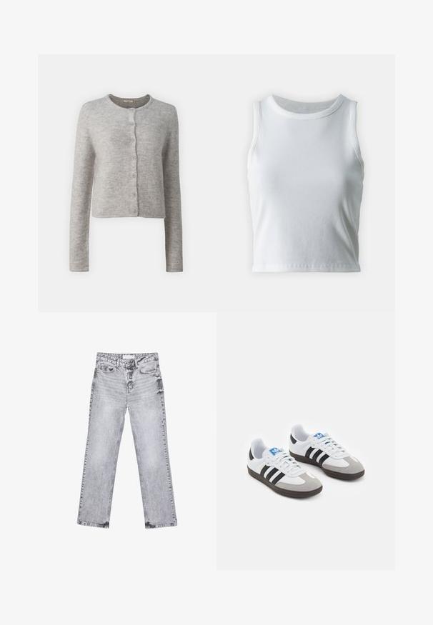 Gina Tricot CARDIGAN - Vesta na kopčanje - light grey melange; Bjela rebrasta majica bez rukava s okruglim izrezom i ravnim rubom, koja ima glatku i rastezljivu teksturu.; Sive traperice s ravnim nogavicama, s detaljima trošenja, pet džepova i bakrenim zakovicama. Pojas ima oznaku s logom.; Sportske cipele s gornjištem od bijele kože, sivi suedinasti nos i tri crne pruge. Imaju plavi logo na jeziku i teksturiranu gumenu podlogu.