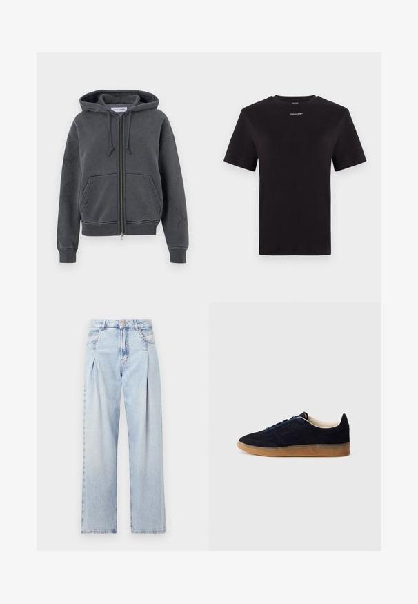 Haut à zip gris charbon, fabriqué en tissu doux avec une capuche à cordon, des poches avant et des poignets et un ourlet côtelés. Design minimaliste.; T-shirt noir en coton à manches courtes, col rond, avec un petit logo blanc "Calvin Klein" sur la poitrine. Texture lisse, coupe classique.; Jeans en denim bleu clair avec taille haute, coupe large, deux poches latérales et design plissé. Texture douce avec une finition décolorée.; Baskets en daim marine avec une semelle en caoutchouc gomme, des lacets bleus et un design minimaliste. Présentent un logo embossé sur le côté et une doublure intérieure lisse.