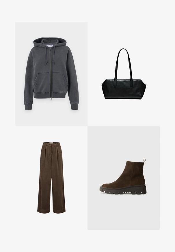 Kulgrå lynlås-hoodie lavet af blødt stof med snoretræk i huen, frontlommer samt ribkant ved ærmerne og nederkanten. Minimalistisk design.; Sennepsgul kortærmet t-shirt med rund hals, rullede ærmer og afslappet pasform. Fremstillet af blødt, tekstureret materiale.; Brune ribbede vide bukser har en høj talje, frontfolder og en enkelt knaplukning. Glat tekstur med subtile riller gennem hele stoffet.; Brun ruskindsankelstøvle med en kraftig sort gummisål, der har en let hæl og en slip-in hækling for nem påklædning.; Sort læderhåndtaske med lange håndtag, rektangulær form, glat tekstur og skrå sider, der har et minimalistisk design uden synligt hardware.