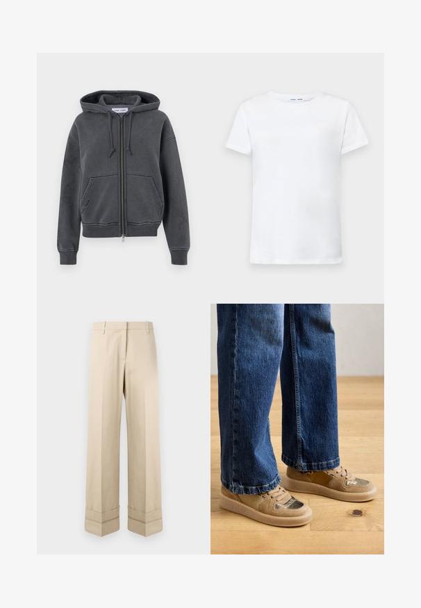 Kolen grijs rits hoodie, gemaakt van zachte stof met een trekkoordkap, voorzakken en ribgebreide manchetten en onderkant. Minimalistisch ontwerp.; Witte korte mouwen t-shirt van katoen met een ronde hals. Soepele textuur en rechte snit, zonder patronen of accenten.; Beige broek met een rechte pasvorm, voorzien van een dubbele manchet aan de zoom en een vlakke voorkant. Gemaakt van een gladde, duurzame stof.; Beige sneakers met metallic accenten, suede panels en textuur rubberen zolen. Gecombineerd met blauwe denim jeans, staand op een houten vloer.