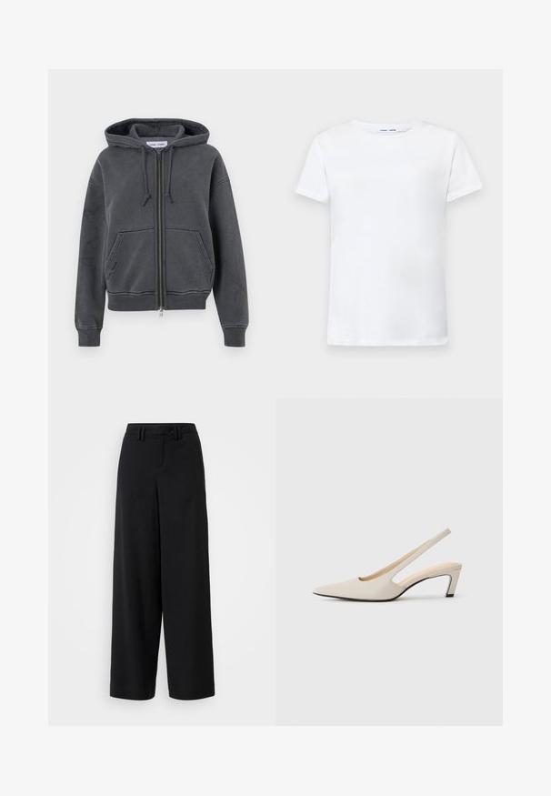 Charcoal gray zip-up hoodie, made of soft fabric with a drawstring hood, front pockets, and ribbed cuffs and hem. Minimalist design.; White short-sleeve t-shirt made of cotton with a crew neck design. Smooth texture and straight cut, no patterns or accents.; Black wide-leg trousers made of smooth fabric, featuring a flat-front design, pleated details, and belt loops at the waistband.; Pointed-toe slingback shoe in beige leather, featuring a cutout design, 5 cm block heel, and a smooth texture. Black sole accents.