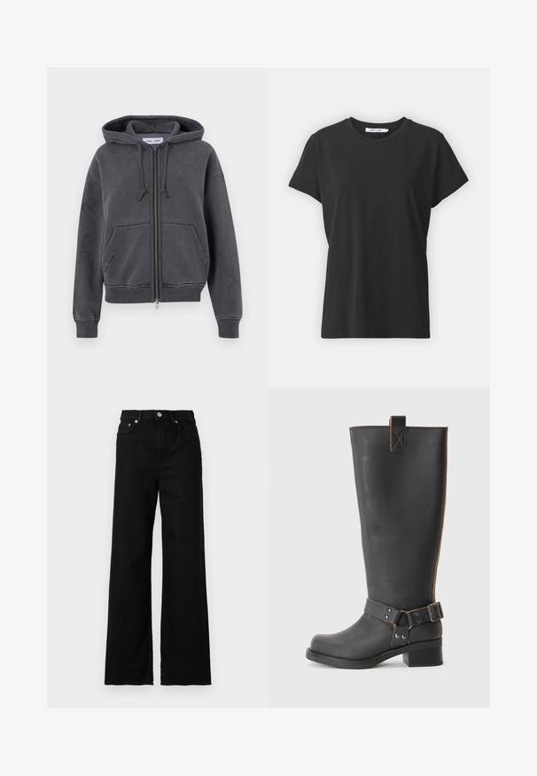 Kapuzenpullover in Anthrazit mit Reißverschluss, aus weichem Stoff gefertigt, mit einer Kordelzug-Haube, Fronttaschen sowie gerippten Bündchen und Saum. Minimalistisches Design.; Schwarzes Baumwoll-T-Shirt mit klassischem Rundhalsausschnitt, kurzen Ärmeln und lockerer Passform. Glatte Textur, keine sichtbaren Muster oder Akzente.; Schwarze Jeans aus Denim mit hoher Taille und weitem Bein, ausgestattet mit einem Vorderknopf und einem Reißverschluss, sowie einem klassischen Fünf-Taschen-Design.; Schwarze Leder-Stiefel bis zum Knie mit strukturiertem Finish, seitlichem Schnallenakzent und niedrigem Absatz. Detaillierte Steppnähte entlang der Nähte.