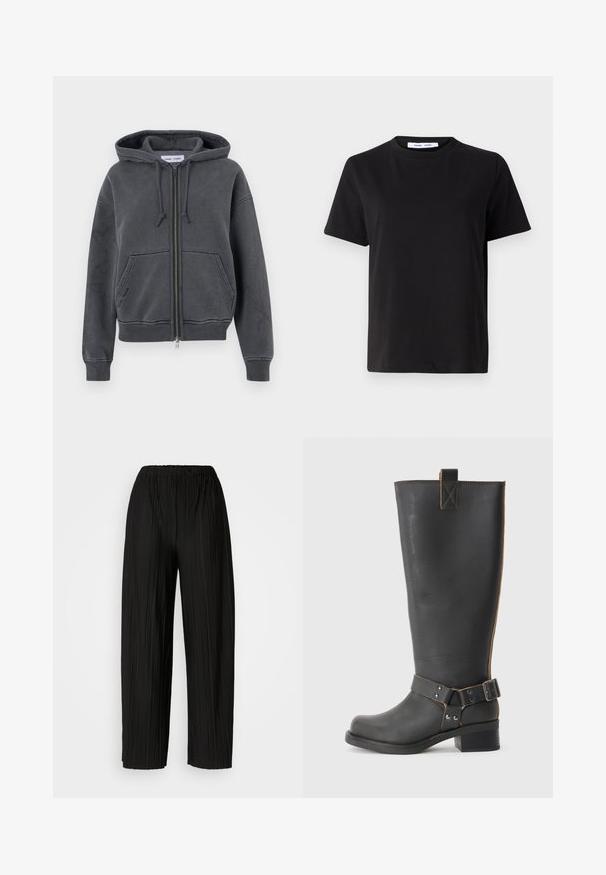 Hanorac cu fermoar de culoare gri cărbune, realizat dintr-un material moale, cu glugă ajustabilă, buzunare frontale și manșete și tiv cu model cordonat. Design minimalist.; Tricou negru cu manșon scurt, fabricat din bumbac moale, având un guler rotund, o croială lejeră și o textură netedă. Fără modele sau grafice vizibile.; Pantaloni negri cu pliuri largi și talie elastică. Materialul are pliuri verticale și o textură netedă.; Cizmă înaltă din piele neagră, cu un finisaj texturat, având un accent cu cataramă pe lateral și un toc mic. Cusături detaliate de-a lungul cusăturilor.