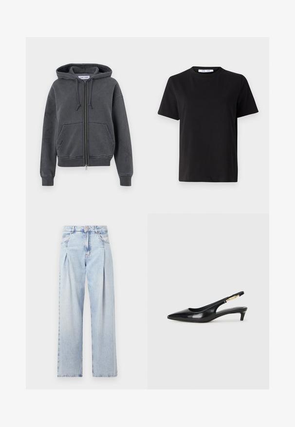 Haut à zip gris charbon, fabriqué en tissu doux avec une capuche à cordon, des poches avant et des poignets et un ourlet côtelés. Design minimaliste.; T-shirt noir à manches courtes en coton doux, avec un col rond, une coupe décontractée et une texture lisse. Pas de motifs ni de graphiques visibles.; Jeans en denim bleu clair avec taille haute, coupe large, deux poches latérales et design plissé. Texture douce avec une finition décolorée.; Talons hauts en cuir noir avec un bout pointu, dotés d'un talon fin et d'un accent en ton or sur la lanière réglable. Texture lisse.