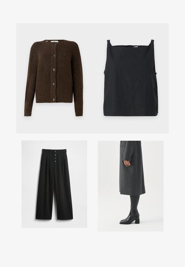 Hnědý pletený cardigan vyrobený z měkkého materiálu, s kulatým výstřihem, předními knoflíčky a dlouhými rukávy. Strukturovaný povrch po celé délce.; Černý, bezramínkový top z lehkého materiálu. Krabicový střih s kulatým výstřihem a úzkými ramínky. Hladká textura, minimální detaily.; Široké černé kalhoty vyrobené z texturované látky. Mají vysoký pas, zapínání na pět knoflíků a nažehlené puky pro dodatečný detail.; Šedý padnoucí kabát s rovnou siluetou; kombinovaný s černými koženými botami nad kolena s hranatou špičkou a masivním podpatkem.