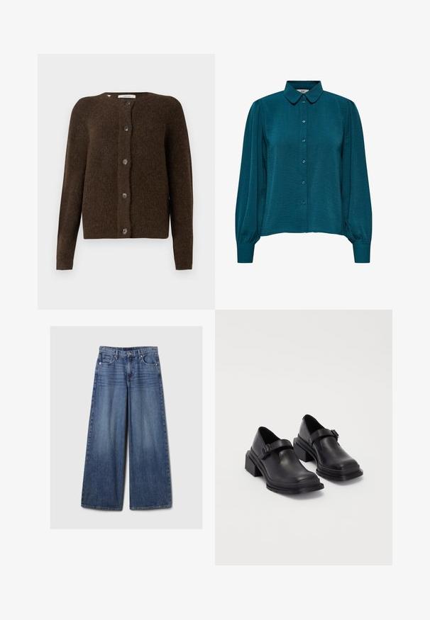 Cardigã castanho tricotado, feito de material suave, com um decote redondo, botões à frente e mangas longas. Acabamento texturizado por toda a peça.; Blusa verde-água com decote de colarinho, frente com botões e mangas longas. Feita de tecido texturizado com punhos franzidos.; Calças de ganga azul de perna larga com um acabamento desbotado, apresentando um fecho de botão e zipper, cinco bolsos e passantes para cinto.; Sapatos de couro pretos com um bico redondo, sola plana e uma fita com detalhe de fivela. Salto bloco robusto para maior estabilidade.