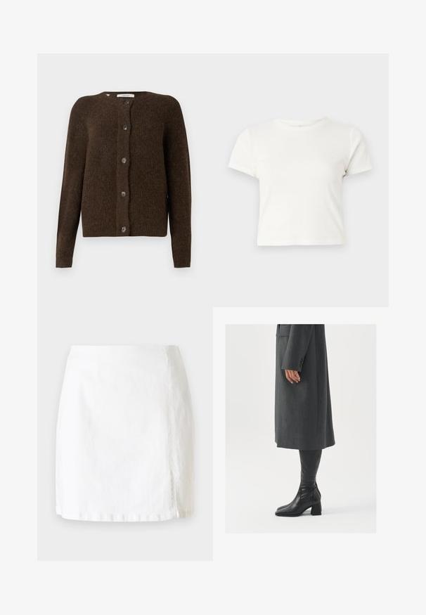 Barna kötött kardigán, puha anyagból készült, kerek nyakkivágással, elülső gombokkal és hosszú ujjakkal. A struktúrált felület jellemzi.; Rövid, fehér, pamut póló, rövid ujjakkal, kerek kivágással és egyenes szegéllyel, sima textúrával és letisztult dizájnnal.; Fehér farmer mini szoknya egyenes szabású, kis oldalsliccsel és tiszta varrási részletekkel, minimalista dizájnnal.; Szürke, szabott overál, egyenes vonallal; térd fölé érő fekete bőrcsizmákkal párosítva, négyzetes orral és vastag sarokkal.