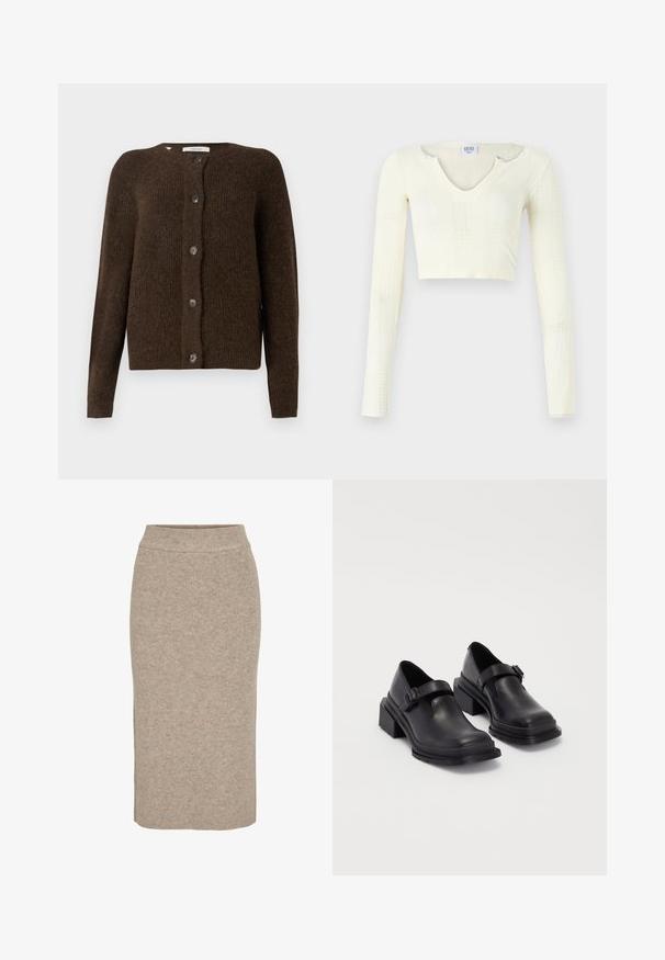 Brązowy sweter dzianinowy wykonany z miękkiego materiału, z okrągłym dekoltem, guzikami z przodu i długimi rękawami. Teksturowane wykończenie na całej powierzchni.; Top typu crop w off-white dzianinie. Długie rękawy o prążkowanej teksturze oraz małe wycięcia wokół dekoltu.; Dzianinowa spódnica ołówkowa w jasnym beżu, z prążkowaną teksturą, wysokim stanem i dopasowanym krojem. Długość do kolan.; Czarna skórzana obuwie z zaokrąglonym czubkiem, płaską podeszwą i paskiem z klamrą. Grubszy blokowy obcas dla dodatkowej stabilności.