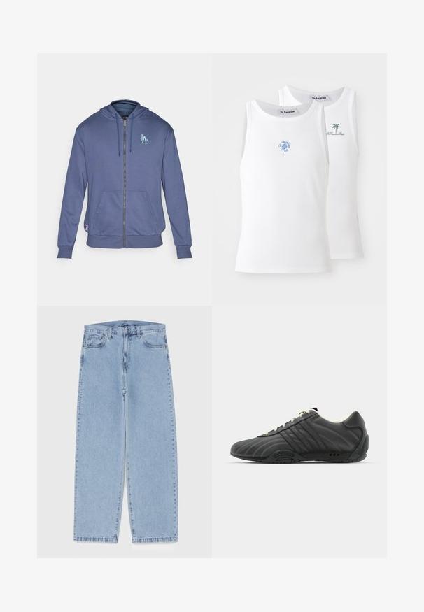Felpa con zip di colore navy realizzata in tessuto morbido, dotata di cappuccio, tasche a marsupio frontali e un logo "LA" di colore blu chiaro sul lato sinistro del petto.; Due canotte bianche, texture a costine, con loghi ricamati blu e verdi. Una presenta un design con il sole, l'altra con una palma.; Jeans in denim azzurro chiaro con design a gamba dritta, caratterizzati da una vita media, cinque tasche e chiusura con bottone e zip.; adidas Originals ADIRACER UNISEX - Sneakers basse - core black/cream white