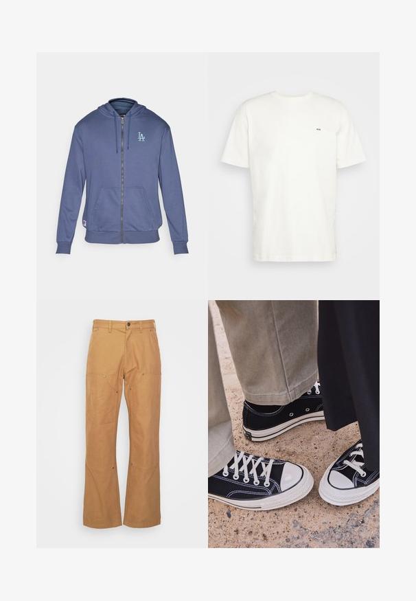 Sudadera con cremallera en color navy, hecha de una tela suave, con capucha, bolsillos tipo canguro en la parte delantera y un logo "LA" en azul claro en el lado izquierdo del pecho.; Camiseta de algodón blanca con cuello redondo, manga corta y un pequeño logo negro "W.W." en el lado izquierdo del pecho. Textura suave, corte regular.; Pantalones cargo beige hechos de tela duradera, con bolsillos laterales, detalles de metal, corte recto y cinturilla regular.; Zapatillas de lona negras con punteras y cordones de goma blanca. Las costuras en contraste y los ojales de metal añaden detalle. Llevadas con pantalones beige y tela negra.