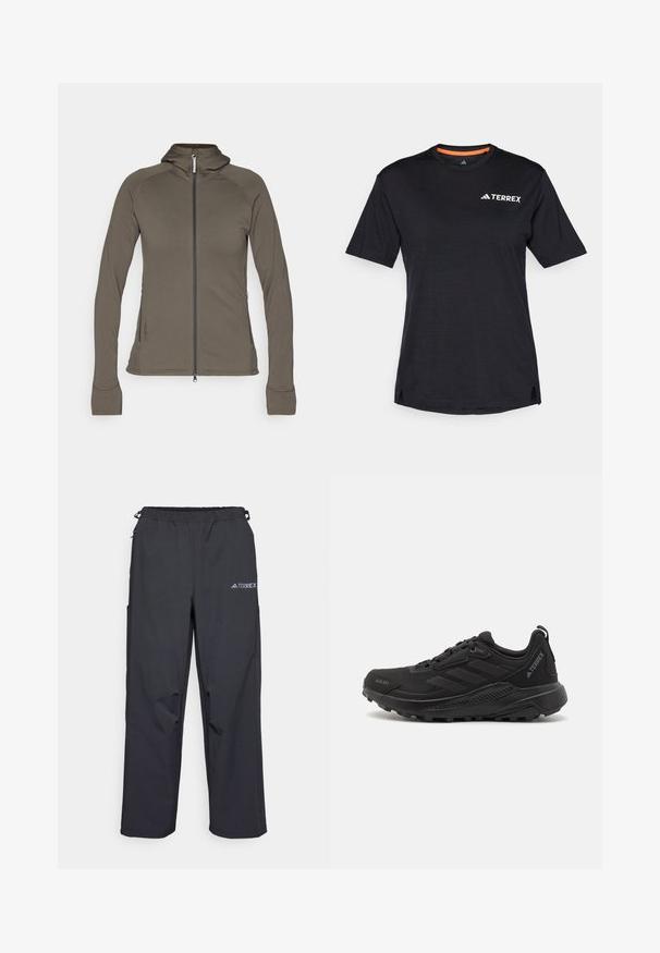 Kurtka z kapturem w oliwkowym kolorze, z pełnym zamkiem, dopasowanym krojem, miękką fakturą, szwami flatlock i zamykanymi na zamek bocznymi kieszeniami.; Czarna koszulka krótki rękaw z okrągłym dekoltem, z subtelną teksturą melanżową i białym logo "TERREX" po lewej stronie na górze.; Czarne, lekkie spodnie outdoorowe z elastycznym paskiem w talii, kieszeniami po bokach i logo na górnej prawej nodze. Gładki, wodoodporny materiał.; Czarne buty sportowe z fakturowaną syntetyczną cholewką, sznurowaniem, grubą gumową podeszwą oraz dyskretnymi akcentami logo po bokach i na pięcie.