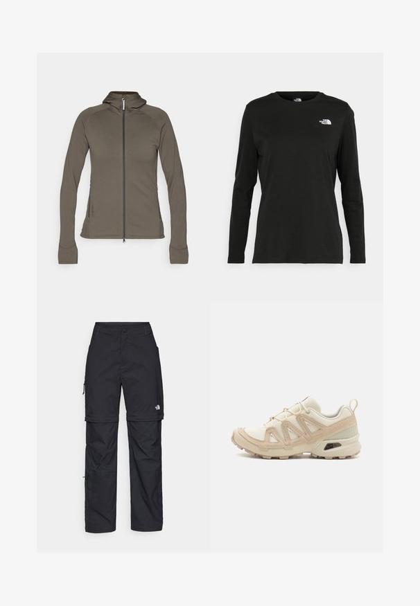 Κάπα με κουκούλα σε ελιά πράσινο, με πλήρη φερμουάρ, εφαρμοστή γραμμή, μαλακή υφή, επίπεδες ραφές και τσέπες με φερμουάρ στα πλάγια.; Μαύρο μακρυμάνικο μπλουζάκι από βαμβάκι με στρογγυλή λαιμόκοψη. Διαθέτει ένα μικρό λευκό λογότυπο στην αριστερή πλευρά του στήθους. Απλός σχεδιασμός και εφαρμογή.; Μαύρα νάιλον παντελόνια cargo με φερμουάρ που αφαιρούνται, ρυθμιζόμενους καρπούς, πολλαπλές τσέπες και λογότυπο στο δεξί πόδι. Απαλή, ελαφριά υφή.; Μπεζ και κρεμ αθλητικό παπούτσι με υφασμάτινη άνω επιφάνεια με υφή, υποστηρικτικά overlay και καουτσούκ σόλα με σχέδιο πέλματος για πρόσφυση.