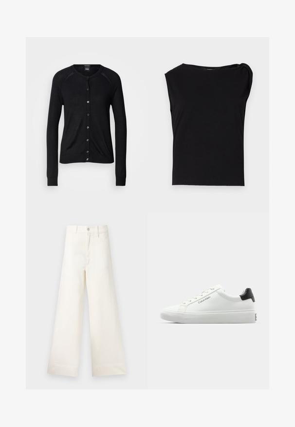 Cardigã preto com decote redondo, mangas longas, fecho de botões e uma textura suave; inclui botões em tom prateado e punhos canelados.; Top preto de manga curta feito de tecido suave. Apresenta um decote redondo e detalhe drapeado no ombro. Design simples e ajustado.; Calças largas em algodão bege claro. Apresentam uma cintura alta, bolsos frontais e um corte reto. Acabamento de bainha limpo, sem padrões.; Sapatilha branca com acabamento liso, detalhe preto no calcanhar e design com atacadores. Apresenta a marca "Calvin Klein" na lateral. Estilo minimalista.