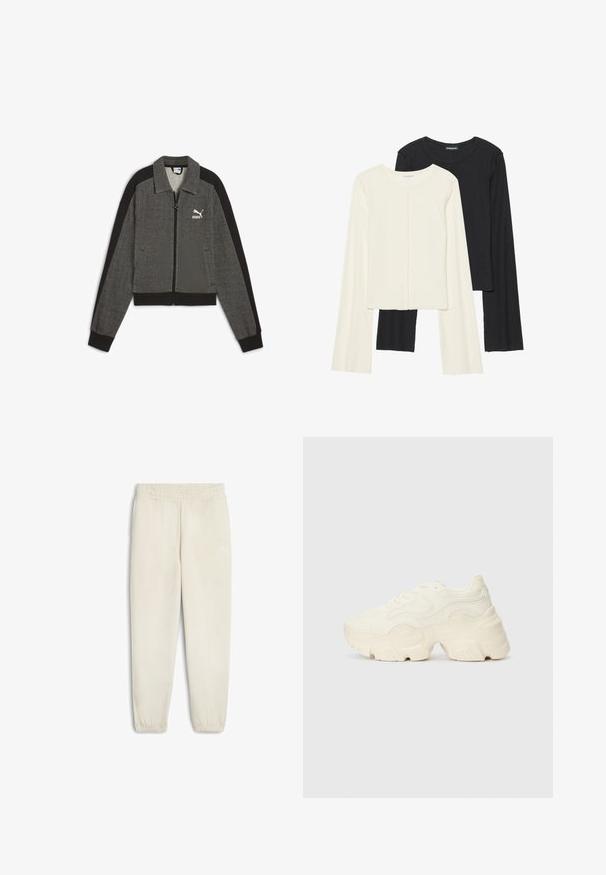 Puma Felpa con zip - black alpine snow; Set di due maglie a maniche lunghe, bianche e nere. Texture a coste, scollo tondo, design aderente con maniche leggermente svasate.; Pantaloni della tuta beige chiaro realizzati in morbido tessuto, con una vita elasticizzata, polsini alle caviglie e un piccolo logo bianco sul lato.; Sneakers bianchi chunky realizzati in mesh testurizzato e materiali sintetici, dotati di una suola spessa e dettagli con motivi intricati lungo i lati.