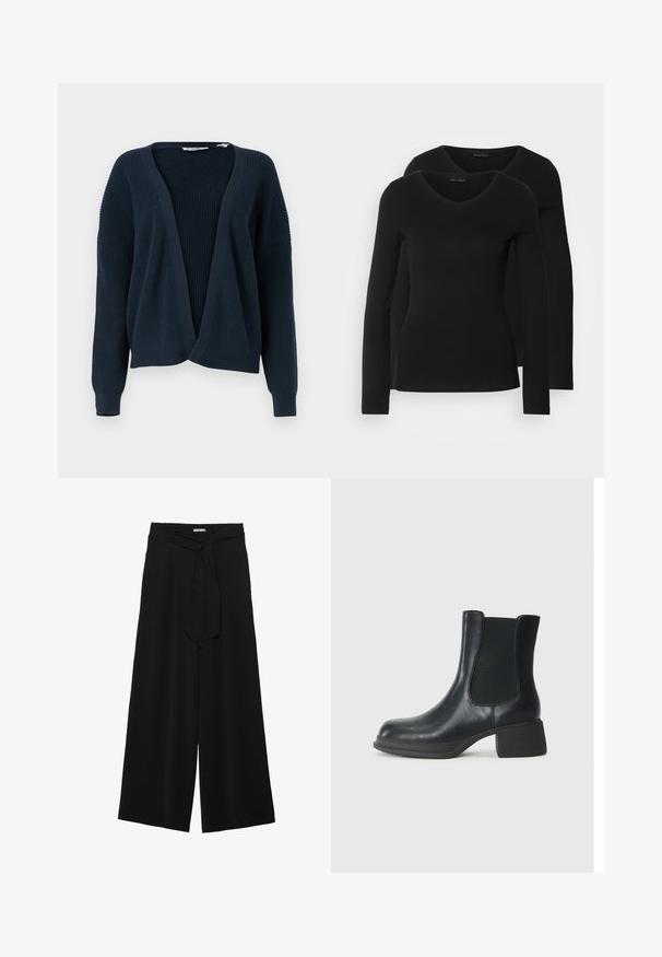 Cardigan bleu marine à ouverture frontale, avec texture côtelée, coupe loose et manches longues. Caractéristiques : encolure en V et détails de couture subtils.; Deux chemises noires à manches longues avec un design en V, fabriquées en tissu doux et extensible, présentant une texture lisse et une silhouette ajustée.; Pantalons larges noirs en tissu texturé, avec une taille élastique et une ceinture à nouer amovible à la taille pour un ajustement variable.; Bottine en cuir noir avec panneaux latéraux élastiques, bout rond et petit talon en bloc. La surface a une texture lisse et un minimalisme dans les détails.
