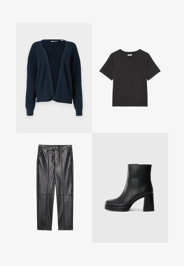 Navy blue open-front cardigan with ribbed texture, loose fit, and long sleeves. Features a V-neckline and subtle seam detailing.; Black t-shirt made of soft fabric, featuring a crew neckline and short sleeves. The design is simple with no visible patterns or accents.; Black leather trousers with a smooth texture, featuring a straight fit, two front pockets, and visible seam detailing.; Black leather ankle boot with a block heel and platform sole, viewed from the side on a plain white background.