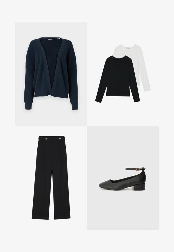 Navy blue open-front cardigan with ribbed texture, loose fit, and long sleeves. Features a V-neckline and subtle seam detailing.; Two long-sleeve tops, one black and one white, both featuring a square neckline and made from soft, stretchy fabric.; Black wide-leg trousers with high waist, button details on waistband, and front pleats.; Black leather pump with a pointed toe and a low block heel. Features an ankle strap with a gold-tone buckle. Smooth texture.