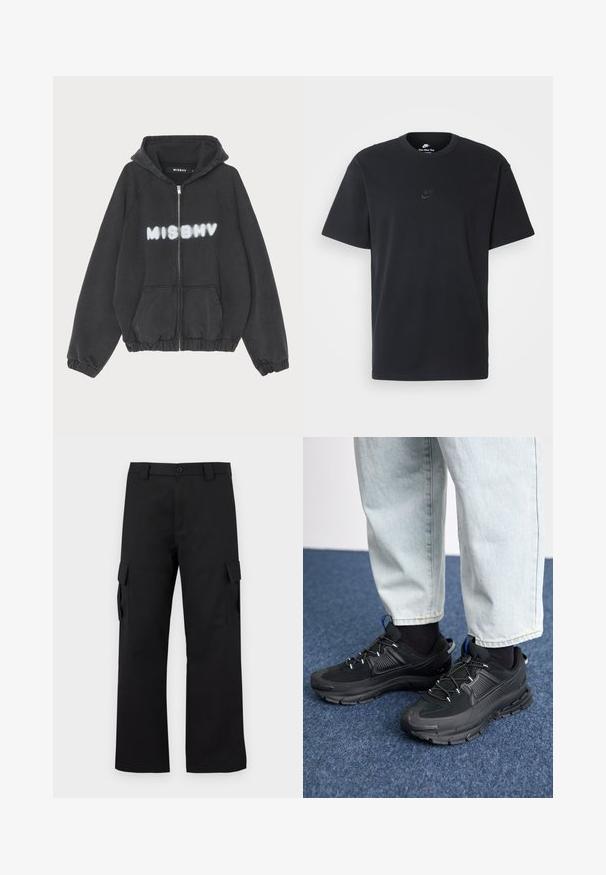 Black hoodie with a zip front, ribbed cuffs, and hem. Features “MISBHV” printed in graffiti-style white lettering across the chest.; Nike black cotton t-shirt with a classic crew neck, short sleeves, and a subtle, embossed logo on the chest. Smooth texture.; Black cargo pants with a straight leg design. Made from durable fabric, featuring two side pockets with flap closures and a button fly.; Black athletic shoes with textured fabric and rubber soles, featuring elastic laces and a blue accent on the heel. Worn with light denim pants.