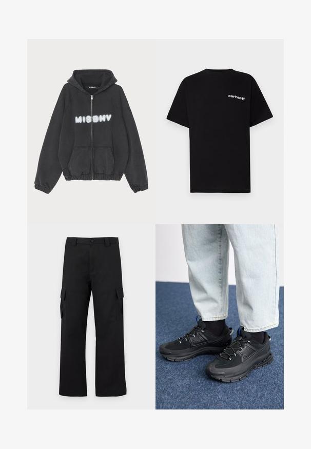 Black hoodie with a zip front, ribbed cuffs, and hem. Features “MISBHV” printed in graffiti-style white lettering across the chest.; Black cotton t-shirt with short sleeves, crew neckline, and white "Carhartt" logo on the left chest. Smooth texture, minimal design.; Black cargo pants with a straight leg design. Made from durable fabric, featuring two side pockets with flap closures and a button fly.; Black athletic shoes with textured fabric and rubber soles, featuring elastic laces and a blue accent on the heel. Worn with light denim pants.