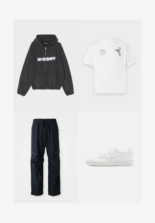 Felpa nera con zip frontale, polsini e orlo a coste. Presenta la scritta "MISBHV" stampata in caratteri bianchi stile graffiti sul petto.; T-shirt in cotone bianco con stampa grafica nera di una figura alata e testo, con collo tondo e maniche corte.; Pantaloni casual neri con vita elasticizzata, cordino e tasche con zip su sfondo bianco.; Sneaker bianco realizzato in pelle liscia, con punta perforata, suola in gomma testurizzata, lacci piatti e un prominente logo 'N' sul lato.