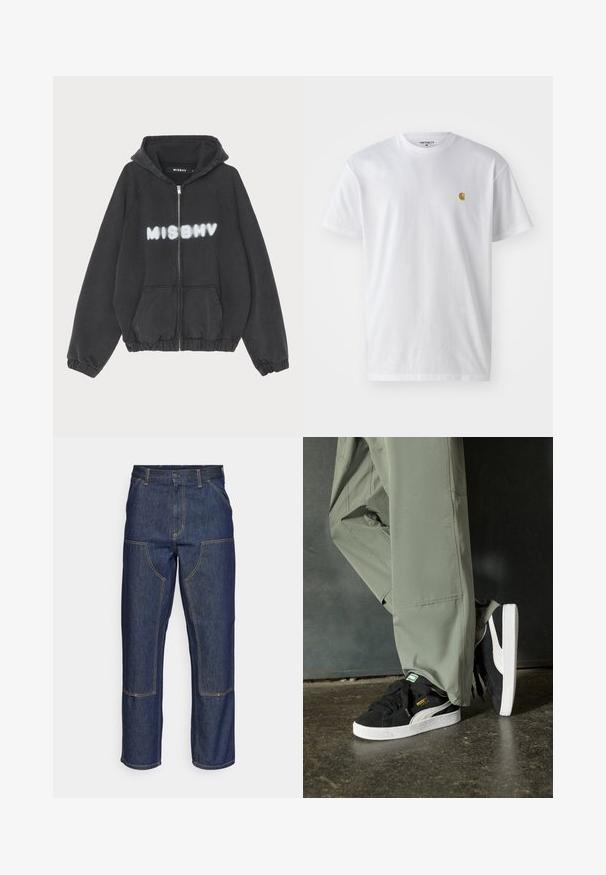 Sudadera negra con cremallera en la parte delantera, puños y dobladillo acanalados. Presenta la impresión en letras blancas estilo graffiti de "MISBHV" en el pecho.; Camiseta de algodón blanca con mangas cortas, cuello redondo, que presenta un pequeño logo dorado en la parte izquierda del pecho. Textura suave y corte regular.; Jeans de mezclilla azul oscuro con cintura alta, diseño de pierna recta, costuras contrastantes y bolsillos de parche en la parte delantera.; Zapatillas de ante negras con suelas de goma blancas y rayas laterales, combinadas con pantalones cargo verde claro, de pie sobre una superficie oscura texturizada.