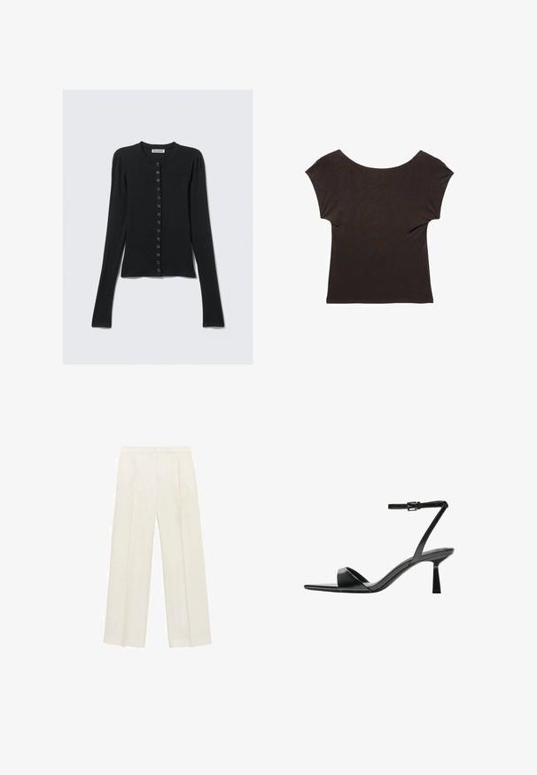 Sort langærmet cardigan lavet af blødt stof, med rund hals, knaplukning foran og en tætsiddende pasform. Glat tekstur og minimalistisk stil.; Mørkebrun kortærmet bluse med en bred, dyb halsudskæring. Lavet af blødt, glat stof med en tætsiddende silhuet. Ingen synlige mønstre eller udsmykninger.; Bredbenede bukser i en lys cremefarve. Fremstillet af et glat stof med plisseringer foran og sidelommer.; Bershka Højhælede sandaletter / Højhælede sandaler - black
