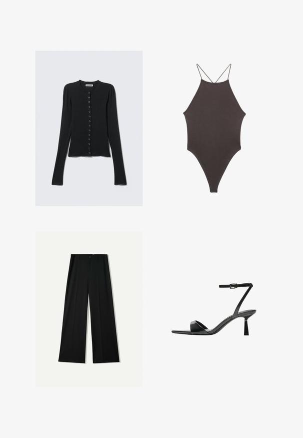 Černý dlouhý kardigan s dlouhým rukávem z jemné látky, s kulatým výstřihem, zapínáním na knoflíky vpředu a přiléhavým střihem. Hladká textura a minimalistický styl.; Hnědé, jednodílné plavky s vysokým krkem a tenkými, nastavitelnými ramínky; mají vysoký střih nohavic a hladkou texturu. Žádné vzory ani ozdoby.; Bershka WIDE - Kalhoty - black; Bershka Sandály na vysokém podpatku - black