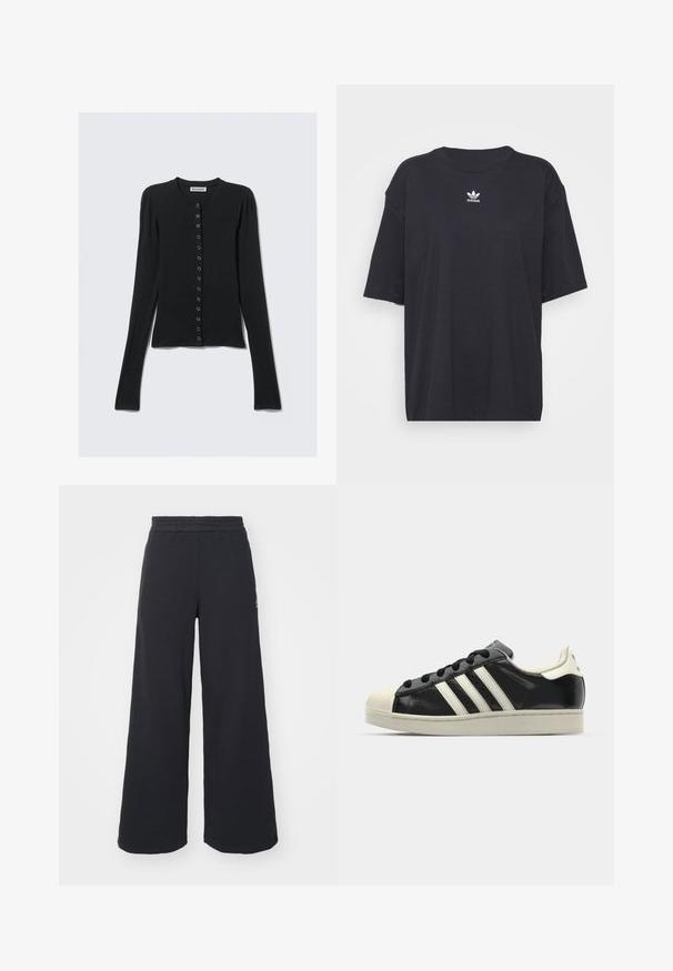 Black long-sleeve cardigan made of soft fabric, featuring a round neck, button front closure, and fitted design. Smooth texture and minimalist style.; Black cotton t-shirt with short sleeves, round neckline, features a white Adidas logo on the chest. Simple design, relaxed fit.; Black wide-leg sweatpants made from soft fabric, featuring an elastic waistband and a small logo on the left side.; Black leather sneaker with white stripes, rubber toe cap, black laces, and a cream-colored outsole. Smooth texture with shiny finish.