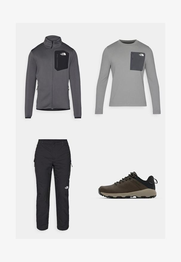 Szara polarowa kurtka z wysokim kołnierzem, zamkiem błyskawicznym z przodu oraz czarną kieszenią na piersi. Posiada elastyczne mankiety i boczne zamki dla lepszej regulacji.; Szara koszula z długim rękawem o teksturowanej tkaninie, z ciemnoszarym kieszonką na piersi i zapięciem na zamek. Logo na kieszeni w kolorze białym.; The North Face WINTER EXPLORATION czarny; Brązowe wodoodporne trampki z teksturowaną cholewką, perforowanymi akcentami, czarnym wsparciem pięty i szarym gumowym podeszwy. Sznurówki ozdobione metalowymi końcówkami.