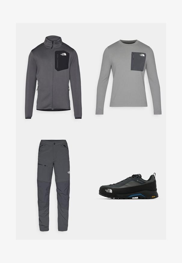 Grå fleecejakke med høj krave, lynlås foran og sort brystlomme. Har elastiske manchetter og sidelommer til justering.; Langærmet grå skjorte i tekstureret stof, med en mørkegrå brystlomme og lynlås. Logo på lommen i hvid.; Grå udendørsbukser med en glat overflade, der har en lynlåslomme på siden, forstærkede knæsektioner og en subtil logo detalje.; The North Face VERTO ALPINE GORE TEX - Hikingsko - asphalt grey/tnf black