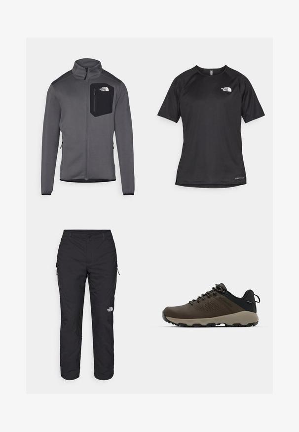 Sivá fleecová bunda s vysokým golierom, so zipsom na prednej strane a čiernou náprsníkou. Obsahuje elastické manžety a bočné zipsy pre možnosť prispôsobenia.; Čierne športové tričko s krátkym rukávom z texturovanej látky, s bielym logom na ľavej hrudi a rovným lemom.; The North Face WINTER EXPLORATION TAPERED CARGO - Outdoorové nohavice - black; Hnedé vodoodolné tenisky s textúrovaným zvrškom, perforovanými detailmi, čiernou oporou päty a šedou gumovou podrážkou. Šnúrky sú ozdobené kovovými koncami.