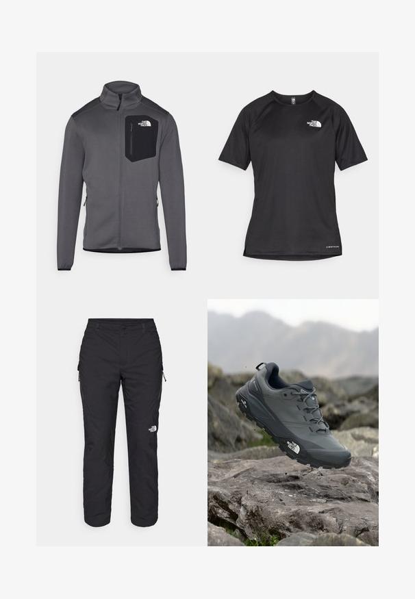 Pilkos vilnos džemperis su aukštu apykakliu, užtrauktuko priekyje ir juoda krūtine kišene. Yra elastingos rankovės ir šoninės užtrauktukos, leidžiančios reguliuoti dydį.; Juoda trumpa rankovė atletinė marškinė, pagaminta iš tekstūruotos medžiagos, su baltu logotipu kairėje krūtinės pusėje ir tiesiu apdailos kraštu.; The North Face WINTER EXPLORATION TAPERED CARGO - Lauko kelnės - black; Pilkas bėgimo batelis su tekstūruota viršutine dalimi, tvirtu guminio pado ir sustiprinta nosimi. Turi raištelius ir prekės ženklo logotipą šone.