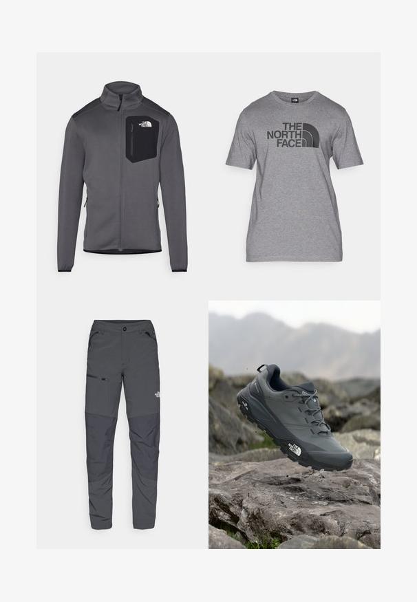 Gray fleece jacket with a high collar, zippered front, and black chest pocket. Features elastic cuffs and side zippers for adjustability.; Gray short-sleeve t-shirt made of cotton blend, featuring a black graphic print of "THE NORTH FACE" and a curved logo detail on the front.; Gray outdoor pants with a smooth texture, featuring a zippered pocket on the side, reinforced knee sections, and a subtle logo detail.; Grey trail running shoe with a textured upper, durable rubber sole, and reinforced toe cap. Features laces and brand logo on the side.