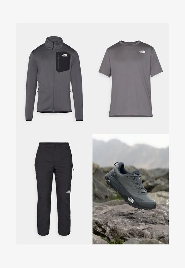 Veste en polaire grise avec un col montant, fermeture éclair à l'avant et poche poitrine noire. Caractéristiques : poignets élastiques et zips latéraux pour ajustement.; T-shirt de sport gris à manches courtes en tissu lisse et léger. Présente un logo blanc sur la zone gauche de la poitrine. Col rond.; The North Face WINTER EXPLORATION TAPERED CARGO  - Pantalons outdoor - black; Chaussure de trail running grise avec un dessus texturé, semelle en caoutchouc durable et chaussure renforcée à l'avant. Comprend des lacets et un logo de la marque sur le côté.