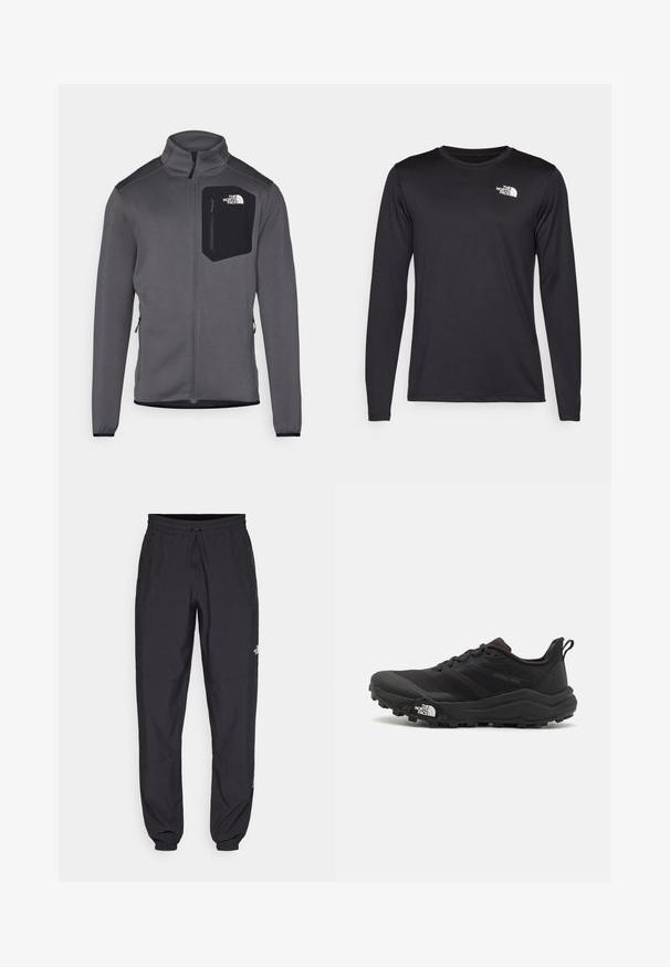 Szürke bolyhos dzseki magas gallérral, cipzáros elülső résszel és fekete mellzsebbel. Rugalmas mandzsettákkal és oldalsó cipzárakkal rendelkezik a beállíthatóság érdekében.; Hosszú ujjú fekete teljesítmény póló, könnyű anyagból készült, a bal felső mellen fehér logóval. Sima textúra.; Fekete sportnadrág, könnyű anyagból készült, húzózsinóros derékkal, oldalsó zsebekkel és szűkített szárakkal a bokáknál.; Fekete terepfutó cipő, textúrált felső résszel, gumitalppal és megerősített lábujjrészével. Párnázott bokarésszel és húzófüllel rendelkezik a könnyű felhúzáshoz.