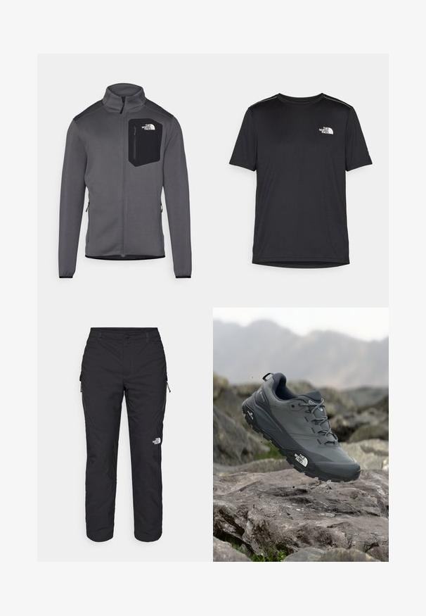 Gray fleece jacket with a high collar, zippered front, and black chest pocket. Features elastic cuffs and side zippers for adjustability.; Black short-sleeve T-shirt made from lightweight fabric. Features a small white logo on the left chest and subtle shoulder accents.; The North Face WINTER EXPLORATION TAPERED CARGO - Outdoor trousers - black; Grey trail running shoe with a textured upper, durable rubber sole, and reinforced toe cap. Features laces and brand logo on the side.